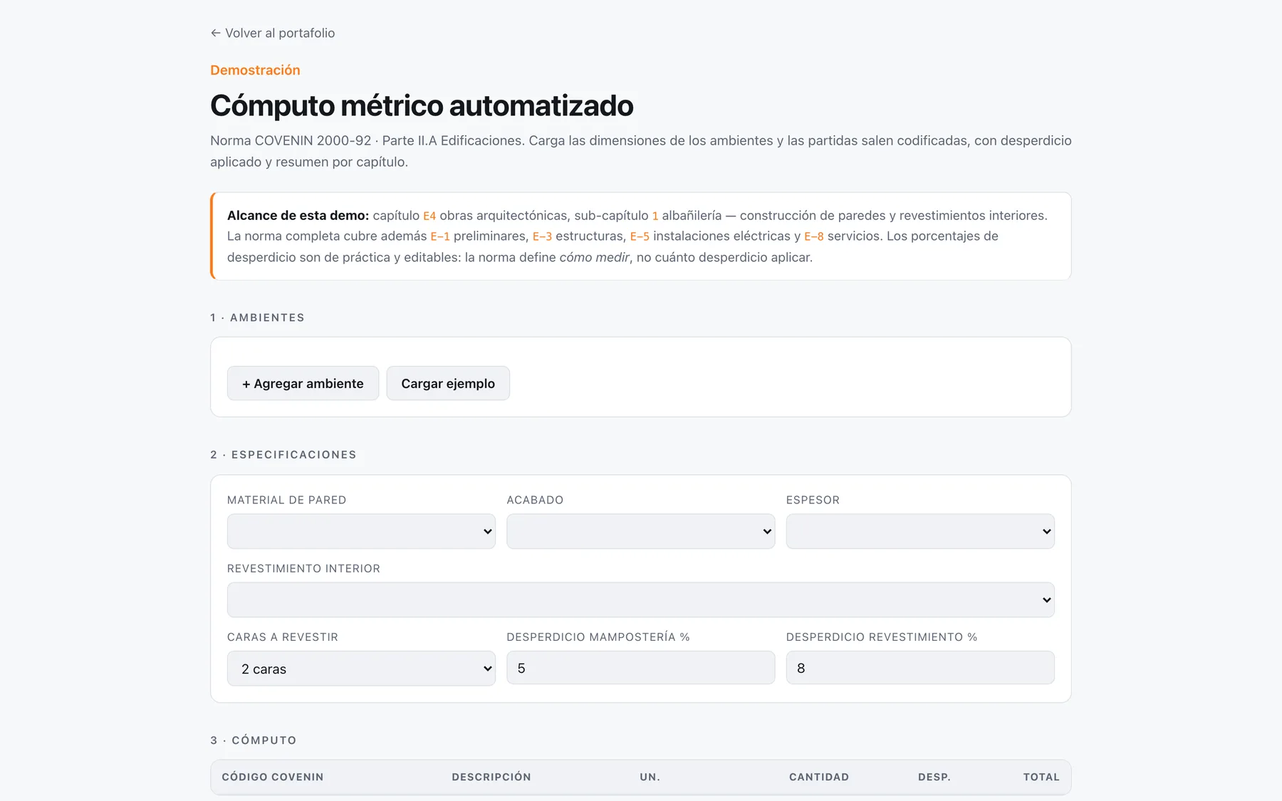 Calculadora de cómputo métrico según la norma COVENIN 2000-92, con partidas codificadas y resumen por capítulo
