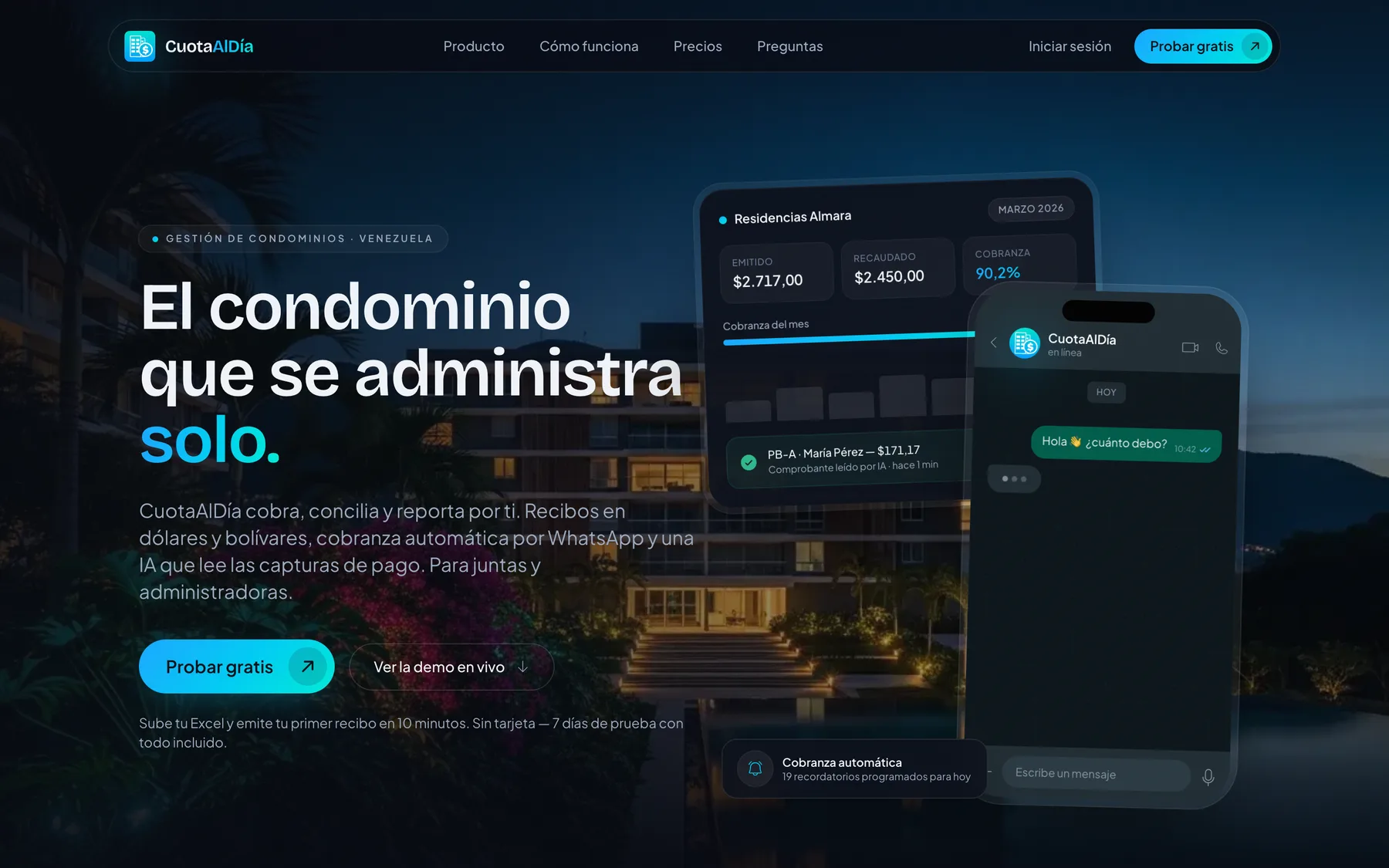 CuotaAlDía: portada del SaaS de cobranza para condominios, con panel de recaudación y conversación de WhatsApp