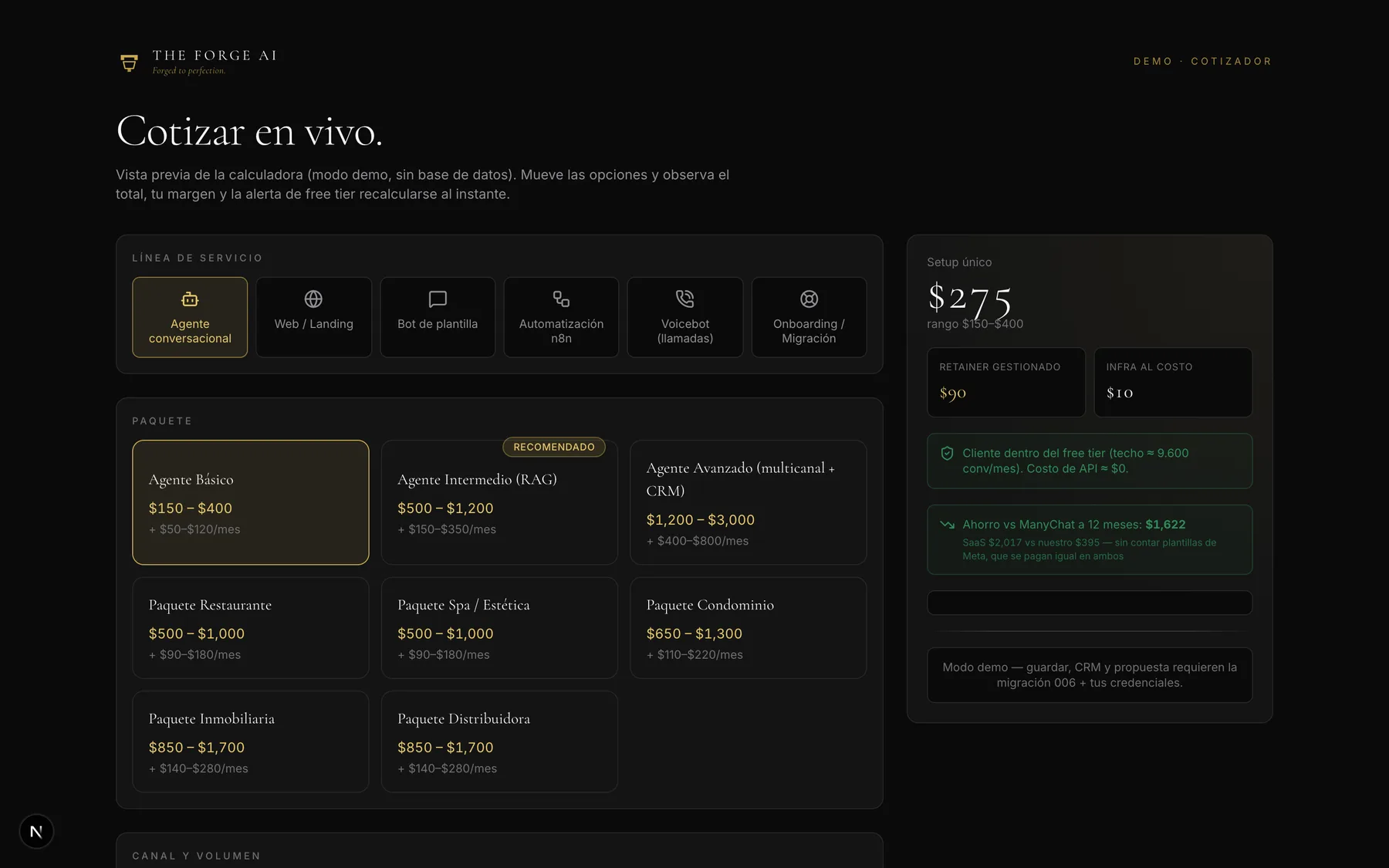 Cotizador en vivo: selector de línea de servicio y paquetes, con presupuesto y alerta de free tier calculándose al instante